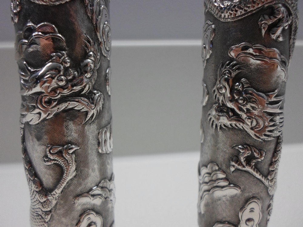 GREAT PAIR OF CHINESE SILVER SPILL VASES BY WANG HING View II