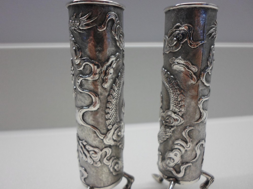 GREAT PAIR OF CHINESE SILVER SPILL VASES BY WANG HING View III