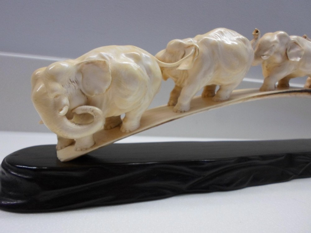 FINE QUALITY JAPANESE ELEPHANT TUSK BRIDGE ON STAND MEIJI PERIOD View II