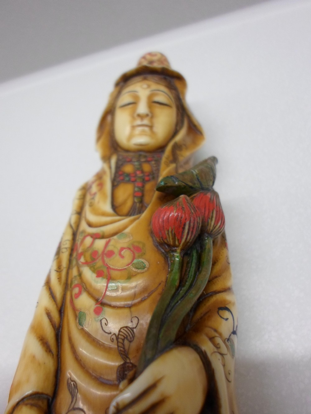 RARE 19TH CENTURY JAPANESE PAINTED IVORY OKIMONO OF KANNON (KUAN-YIN) View XI