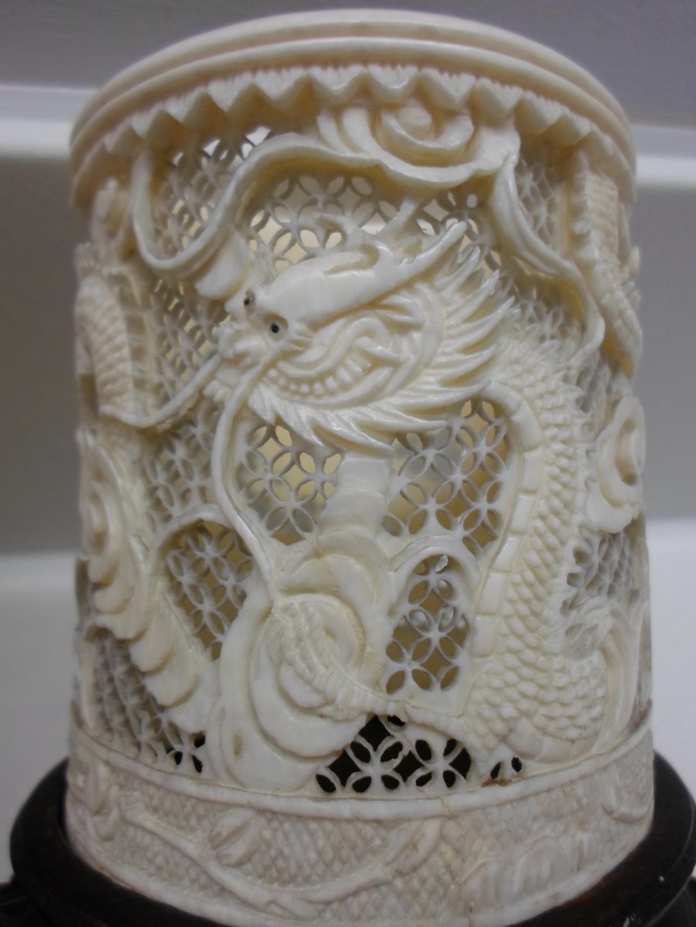 GREAT PAIR OF CHINESE CANTONESE CARVED IVORY TUSK VASES ON STANDS  View VII