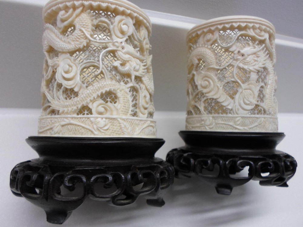 GREAT PAIR OF CHINESE CANTONESE CARVED IVORY TUSK VASES ON STANDS  View VIII