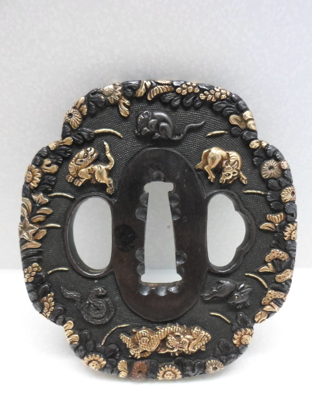 SUPERB 19TH CENTURY BRONZE & MIXED METAL ZODIAC TSUBA
