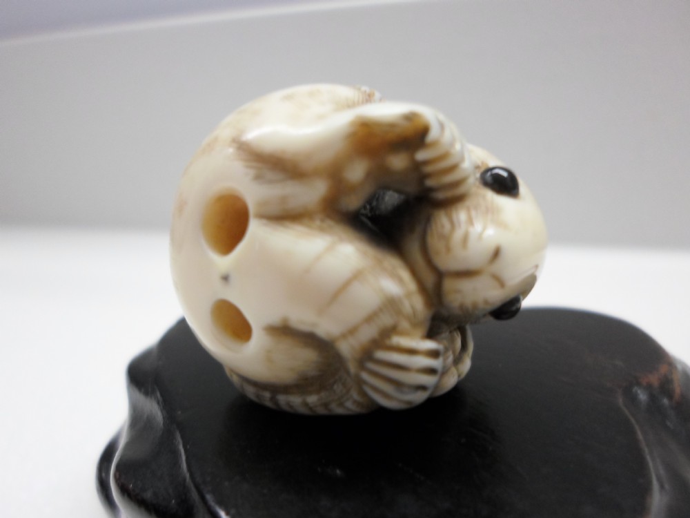 FINE JAPANESE IVORY NETSUKE RODENT SIGNED RANTEI View VIII