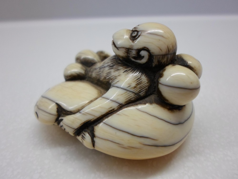WONDERFUL EARLY 18TH CENTURY JAPANESE IVORY NETSUKE MONKEY ON A NAMAZU View II