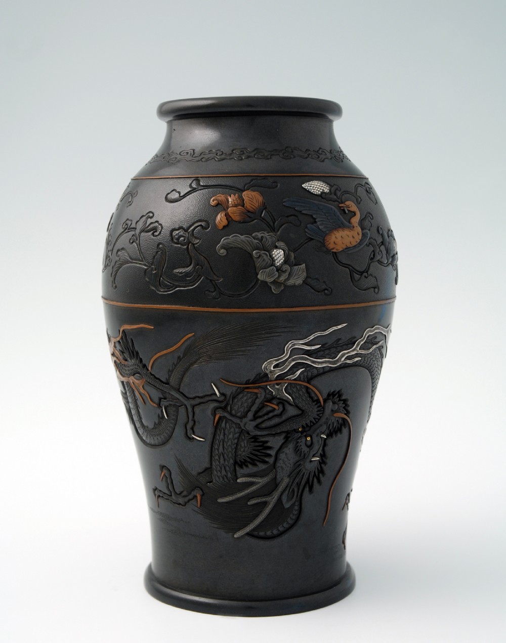 SUPERB JAPANESE BRONZE ONLAID MIXED METAL DRAGON VASE View II