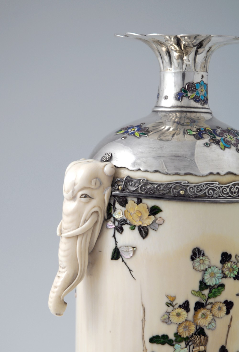SILVER MOUNTED JAPANESE SHIBAYAMA IVORY VASE View III