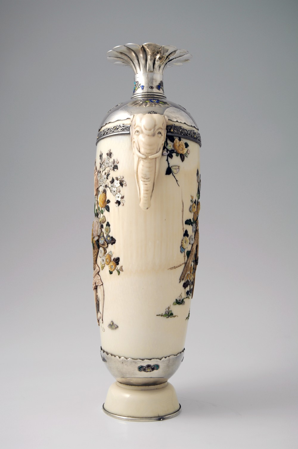 SILVER MOUNTED JAPANESE SHIBAYAMA IVORY VASE View IV