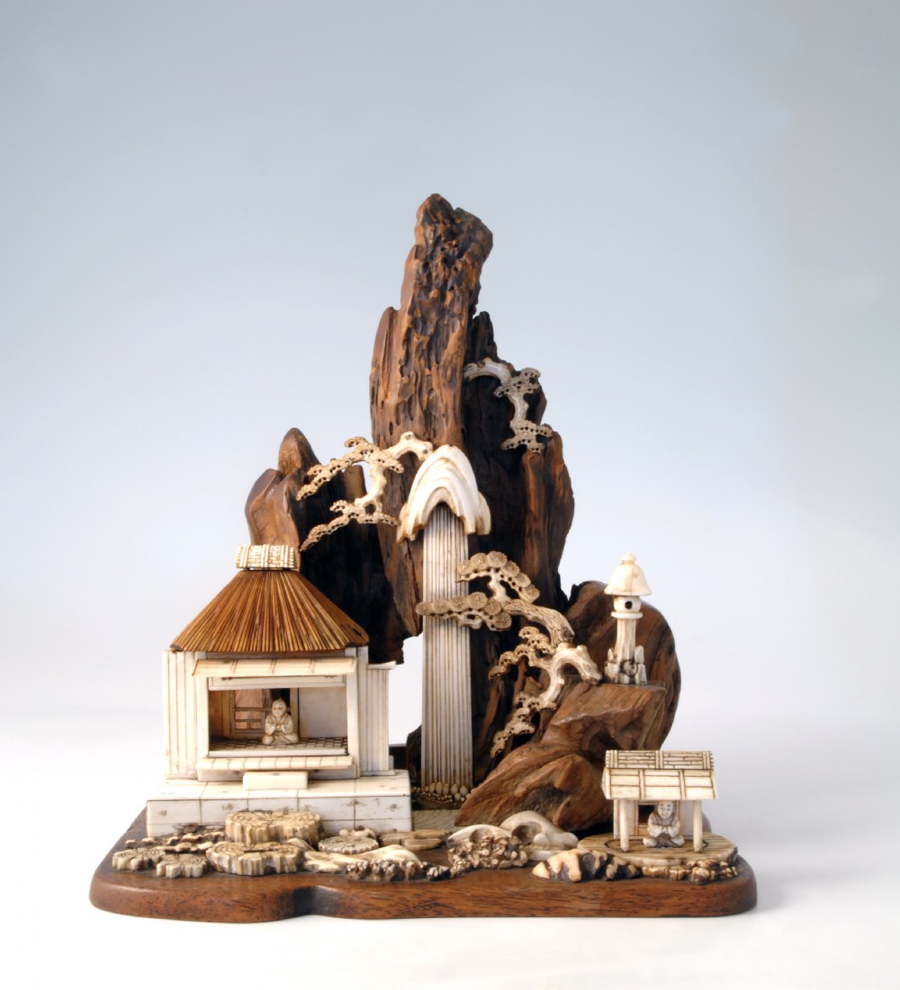  CHINESE IVORY AND WOOD TEMPLE GROUP