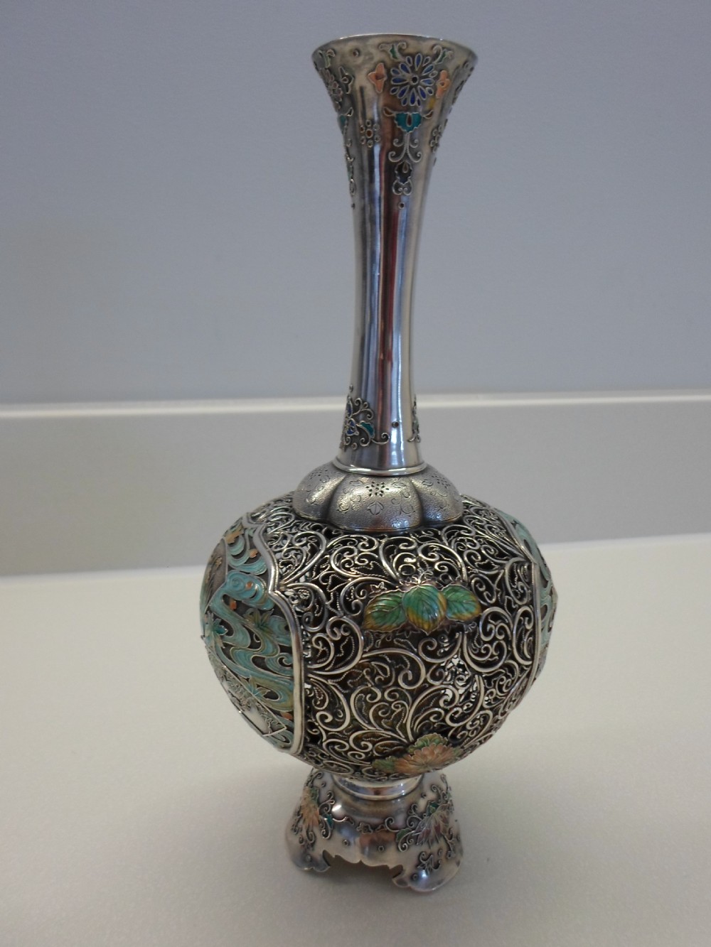 WONDERFUL QUALITY JAPANESE SILVER AND ENAMEL VASE SIGNED 