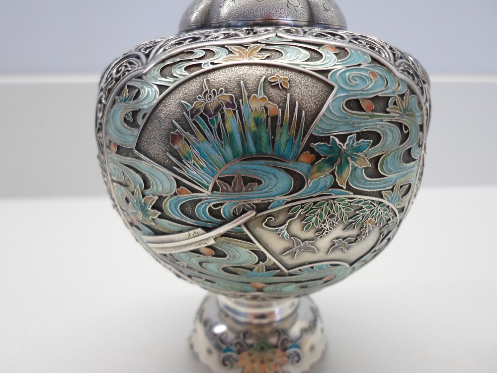 WONDERFUL QUALITY JAPANESE SILVER AND ENAMEL VASE SIGNED 