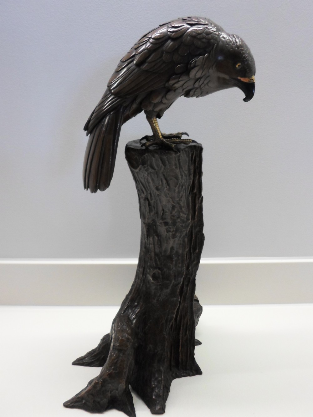 SUPERB QUALITY JAPANESE BRONZE HAWK ON STAND SIGNED