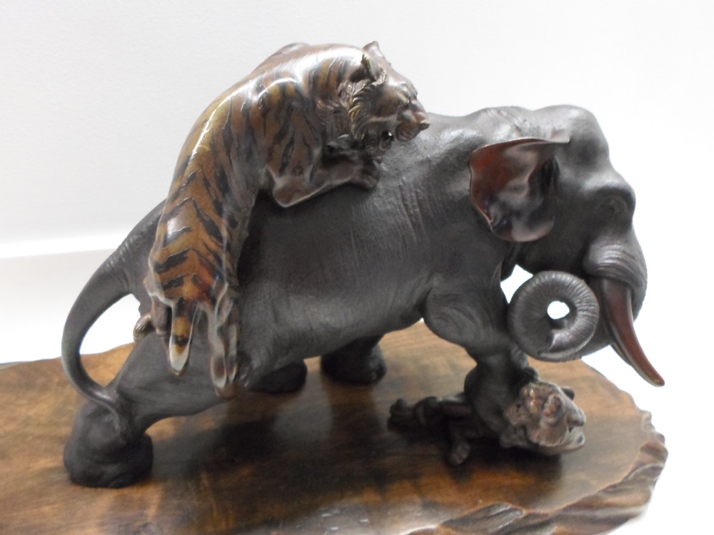 A LARGE JAPANESE BRONZE ELEPHANT AND TIGER GROUP BY SEIYA View III