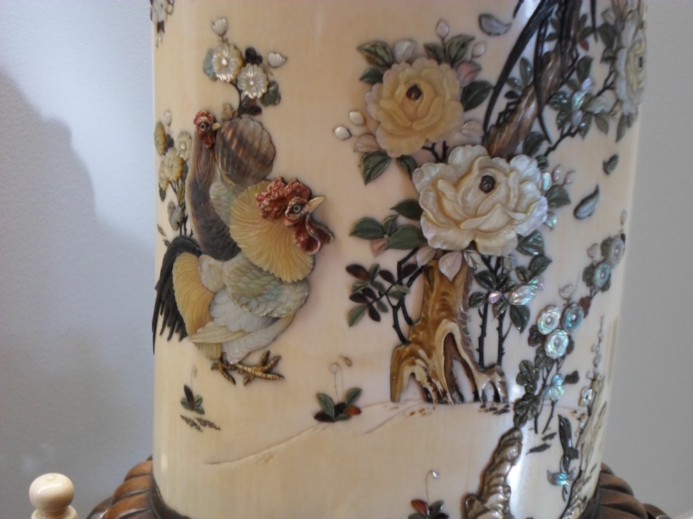 STUNNING HUGE JAPANESE SHIBAYAMA IVORY TUSK VASE ON STAND View VIII