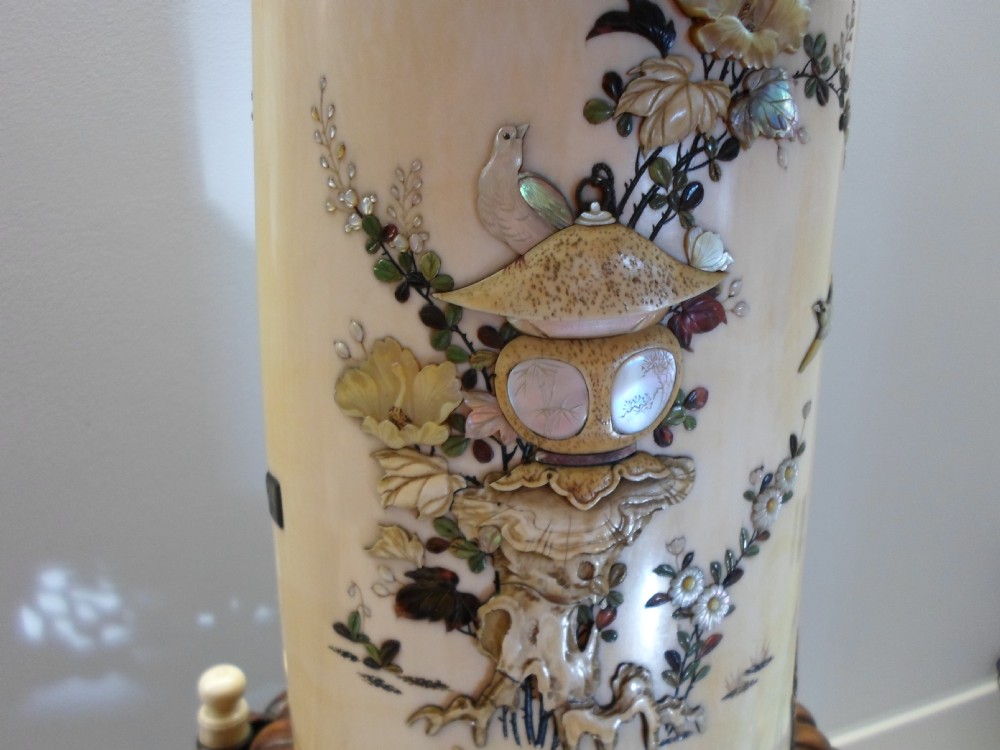 STUNNING HUGE JAPANESE SHIBAYAMA IVORY TUSK VASE ON STAND View X
