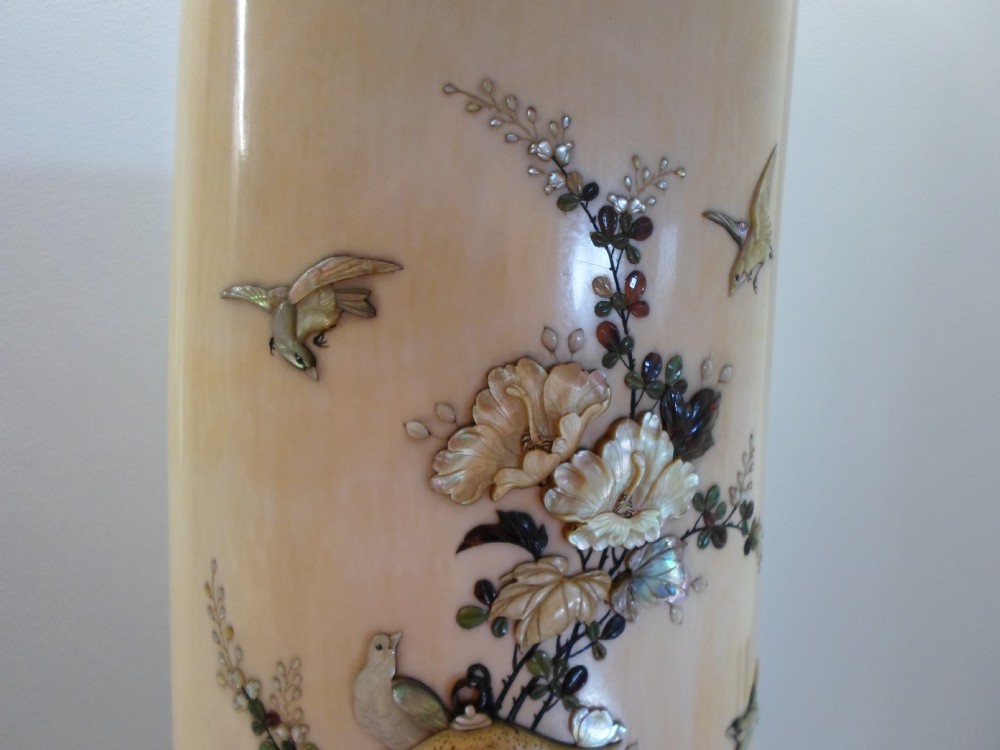 STUNNING HUGE JAPANESE SHIBAYAMA IVORY TUSK VASE ON STAND View XI
