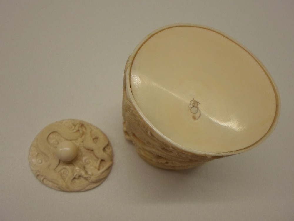 JAPANESE CARVED IVORY LIDDED BOX DRAGONS MEIJI PERIOD View VI
