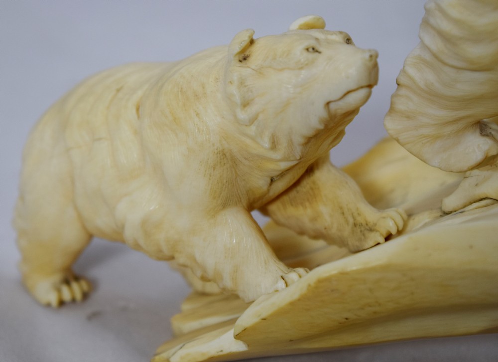 RARE LARGE JAPANESE IVORY TUSK BRIDGE OF BEARS MEIJI View X