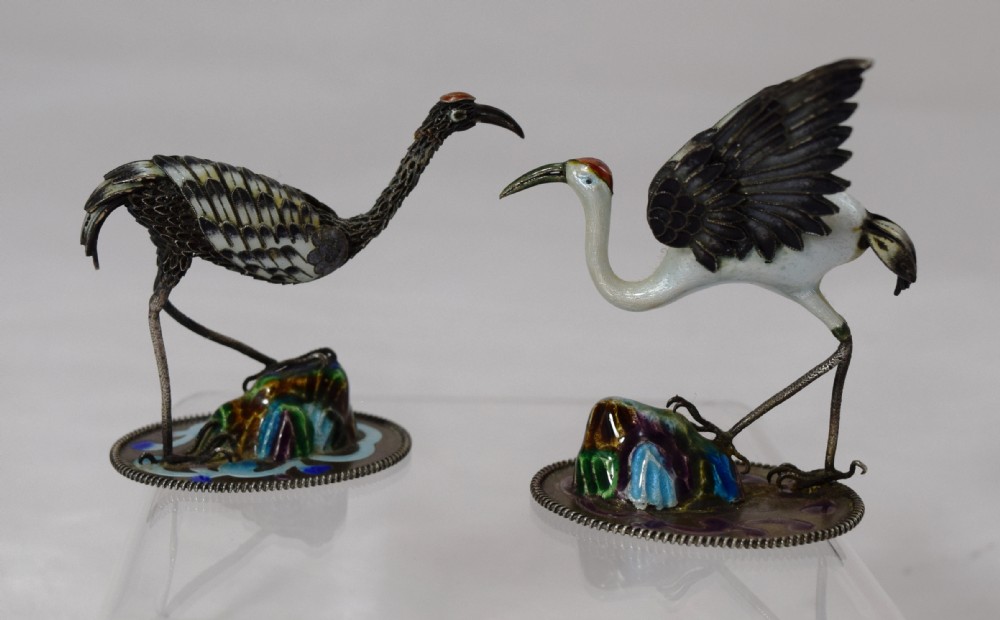 A PAIR OF CHINESE SILVER AND ENAMEL MANCHURIAN CRANES