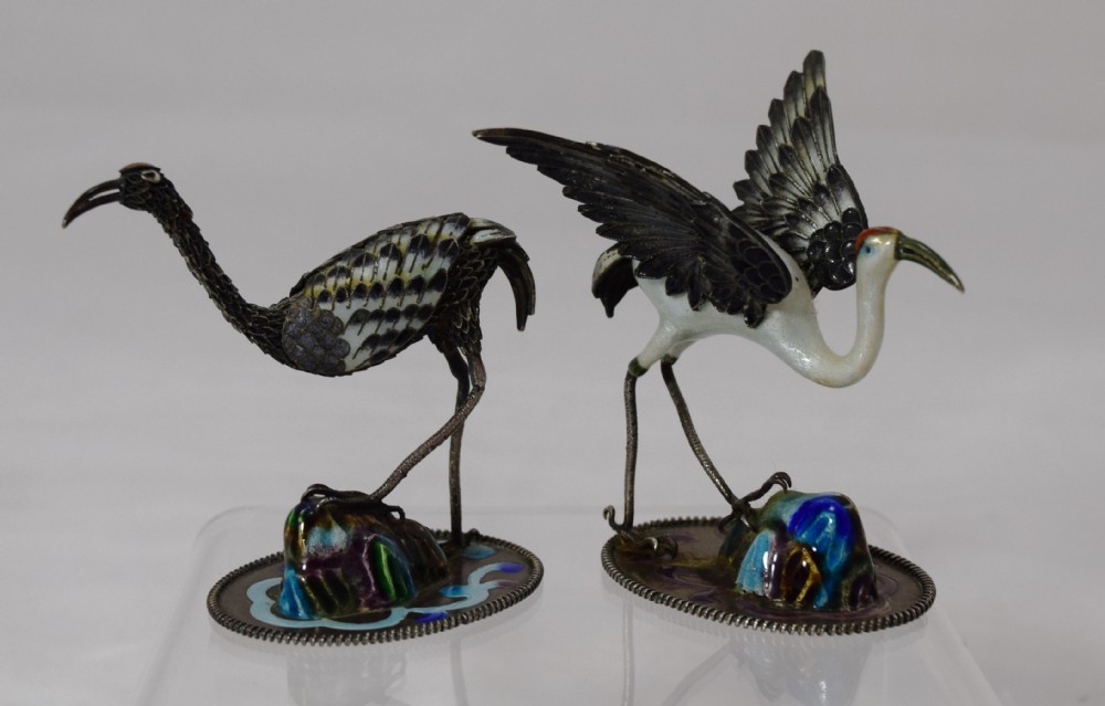 A PAIR OF CHINESE SILVER AND ENAMEL MANCHURIAN CRANES View II