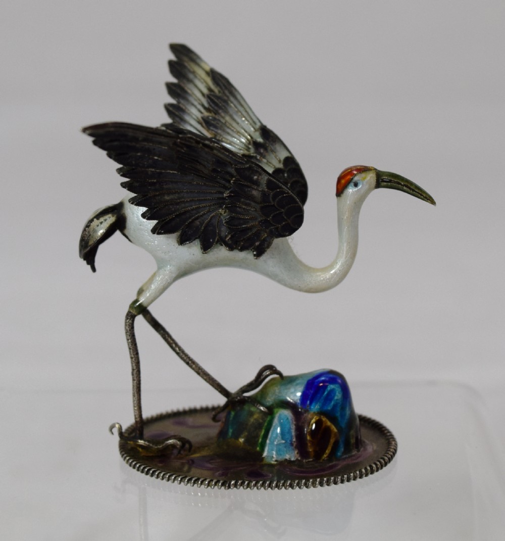 A PAIR OF CHINESE SILVER AND ENAMEL MANCHURIAN CRANES View V