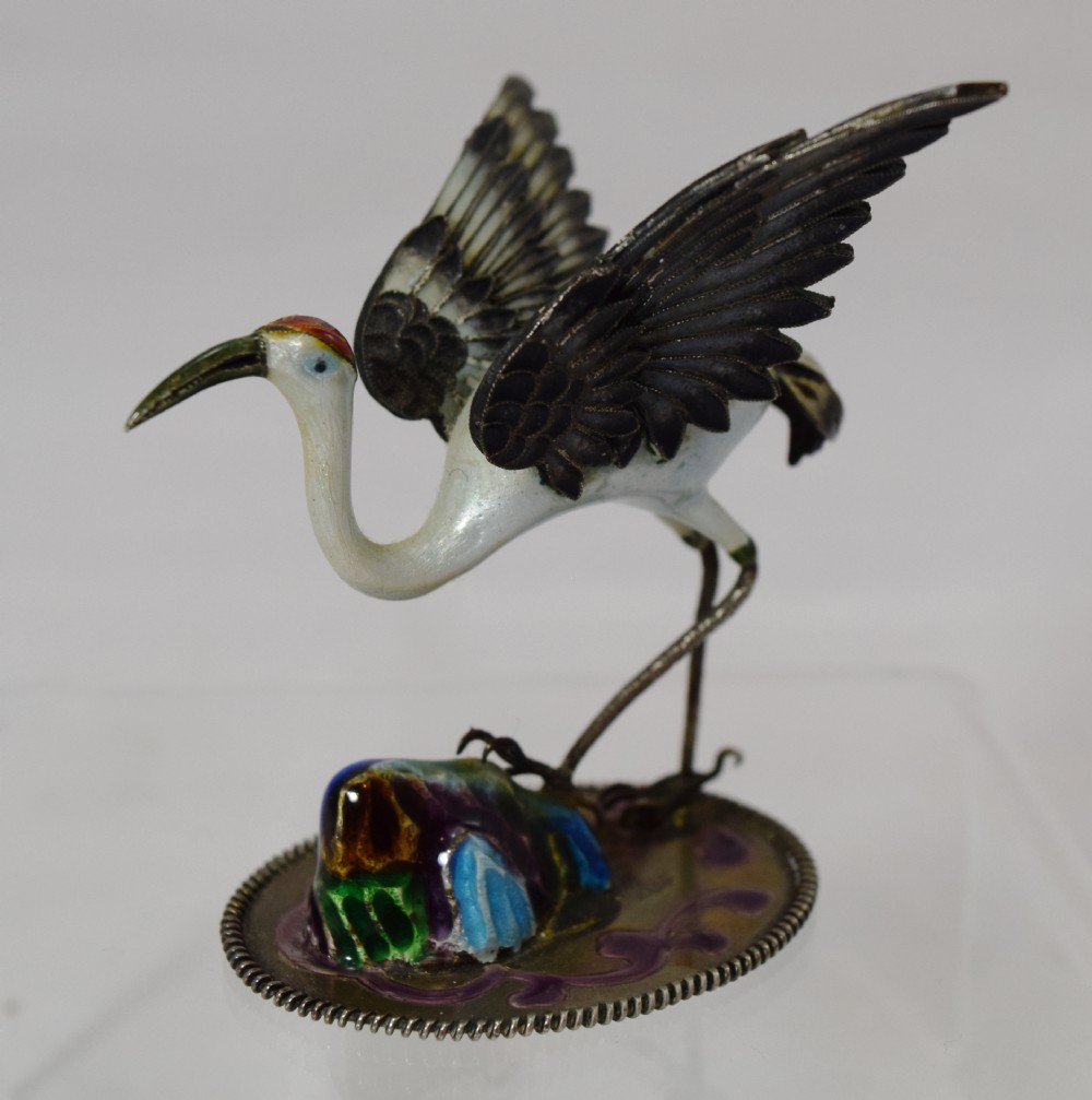 A PAIR OF CHINESE SILVER AND ENAMEL MANCHURIAN CRANES View VI