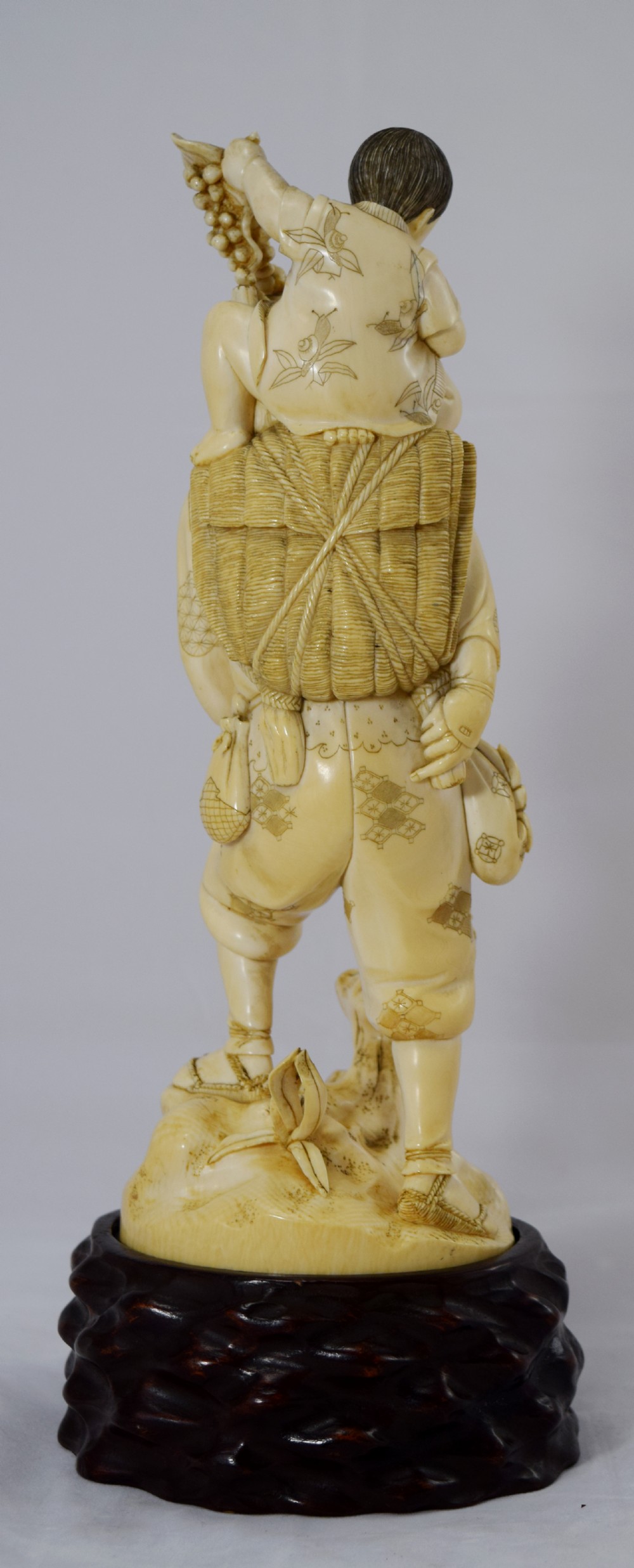 LARGE JAPANESE IVORY OKIMONO ON STAND FATHER SON AND COCKATIEL View III