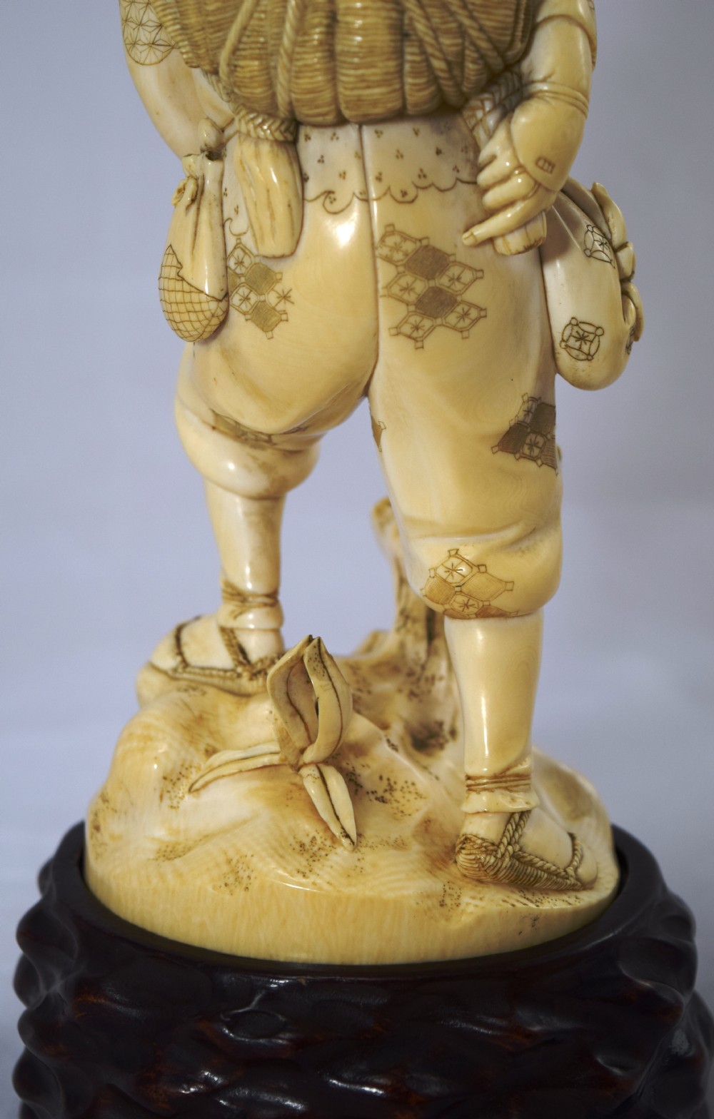LARGE JAPANESE IVORY OKIMONO ON STAND FATHER SON AND COCKATIEL View VII