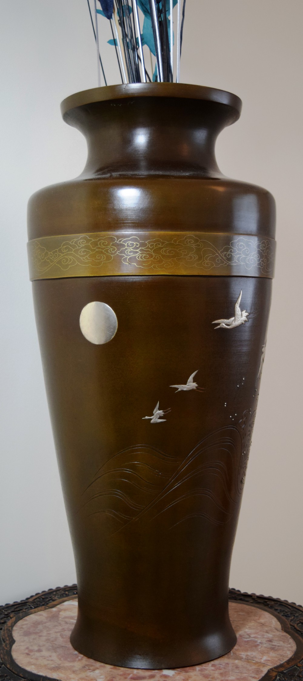 LARGE JAPANESE BRONZE ONLAID FLYING CRANE VASE View III
