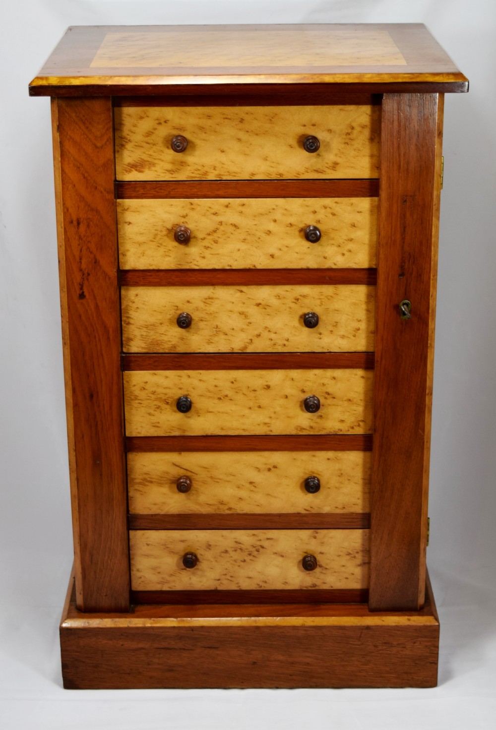 MINIATURE WALNUT AND BIRDS EYE MAPLE WELLINGTON CHEST COLLECTORS CABINET