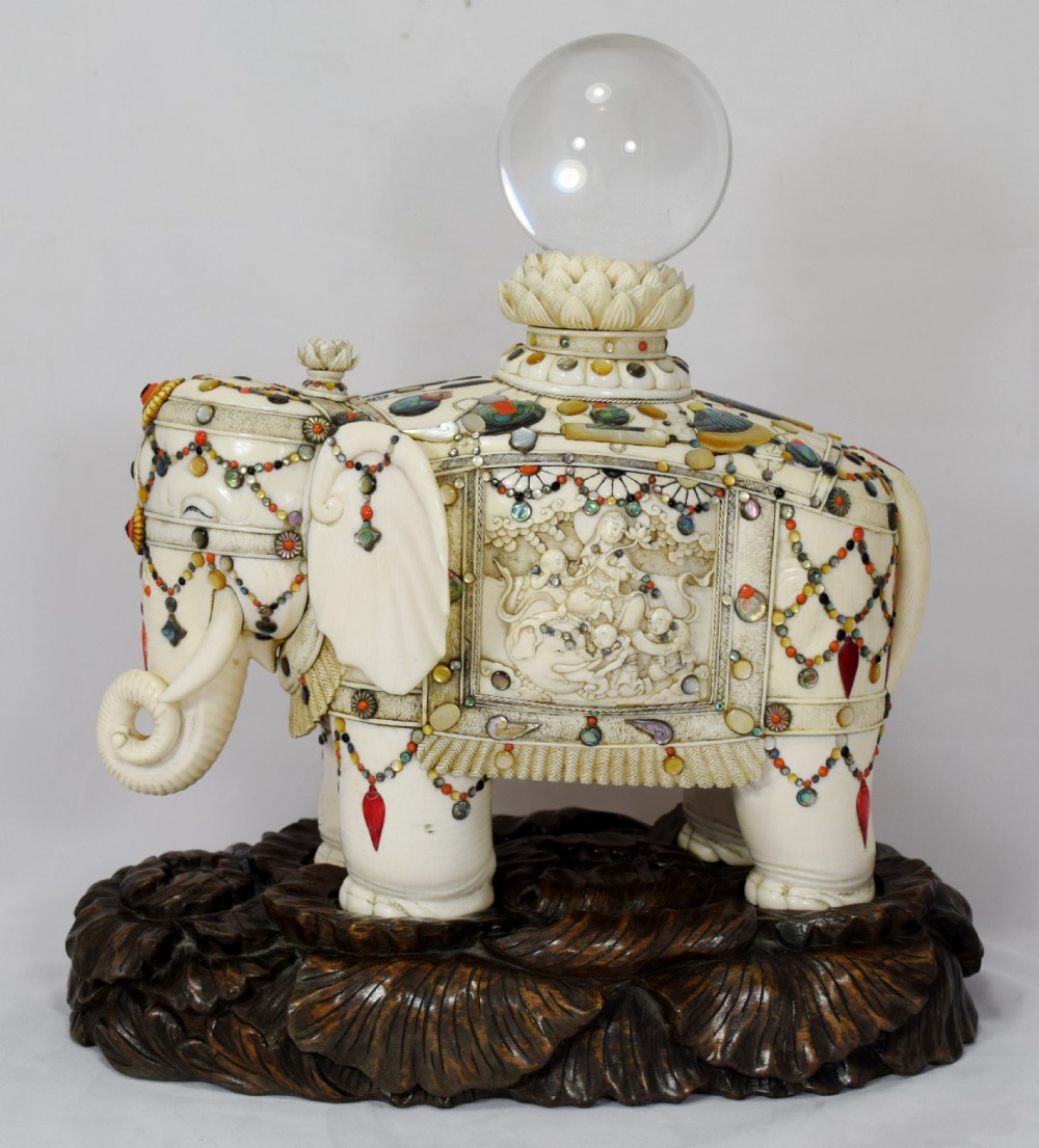 a magnificent large japanese shibayama ivory elephant on stand by jogyoku - CATEGORY: ANTIQUE MISCELLANEOUS - DATED 1890