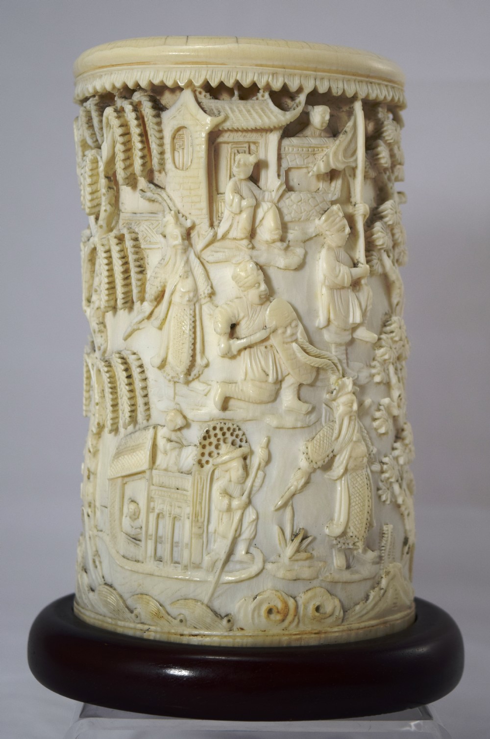 CHINESE CANTONESE IVORY BRUSH POT ON STAND View II