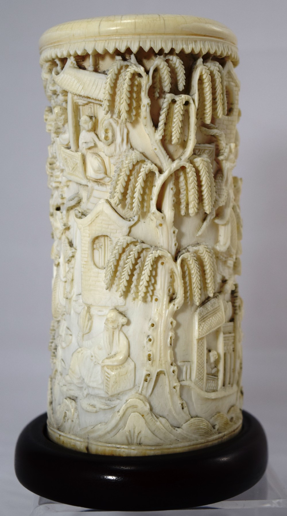 CHINESE CANTONESE IVORY BRUSH POT ON STAND View III