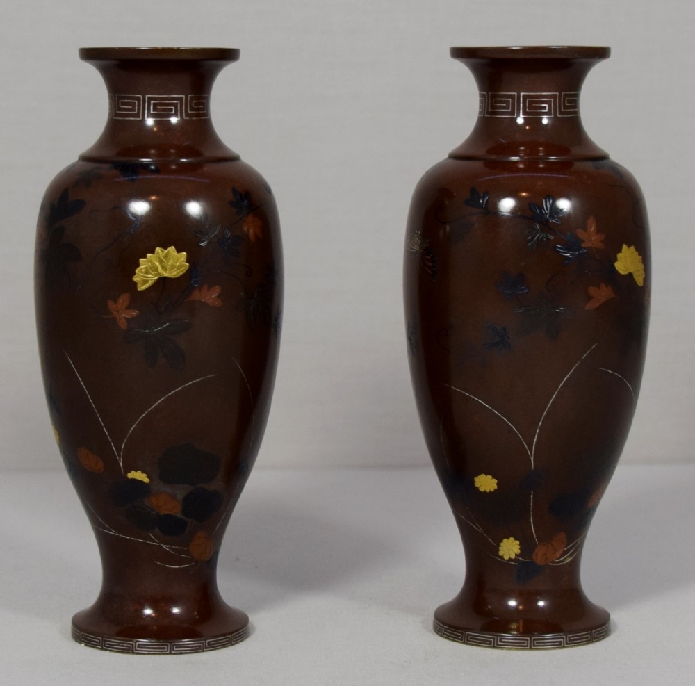 FINE QUALITY PAIR OF JAPANESE NOGAWA MIXED METAL VASES  View II
