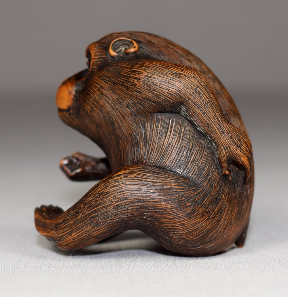 LARGE JAPANESE BOXWOOD NETSUKE MONKEY SIGNED ICHIMASA View II