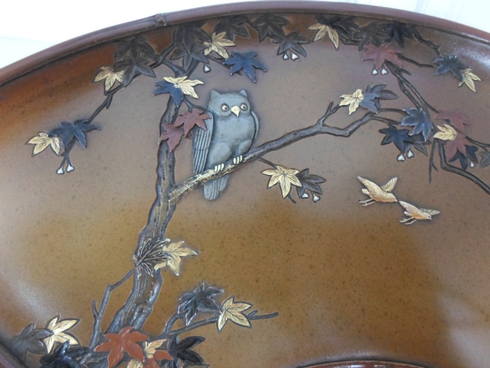 FINE QUALITY JAPANESE MIXED METAL OWL FAN DISH BY NOGAWA View II