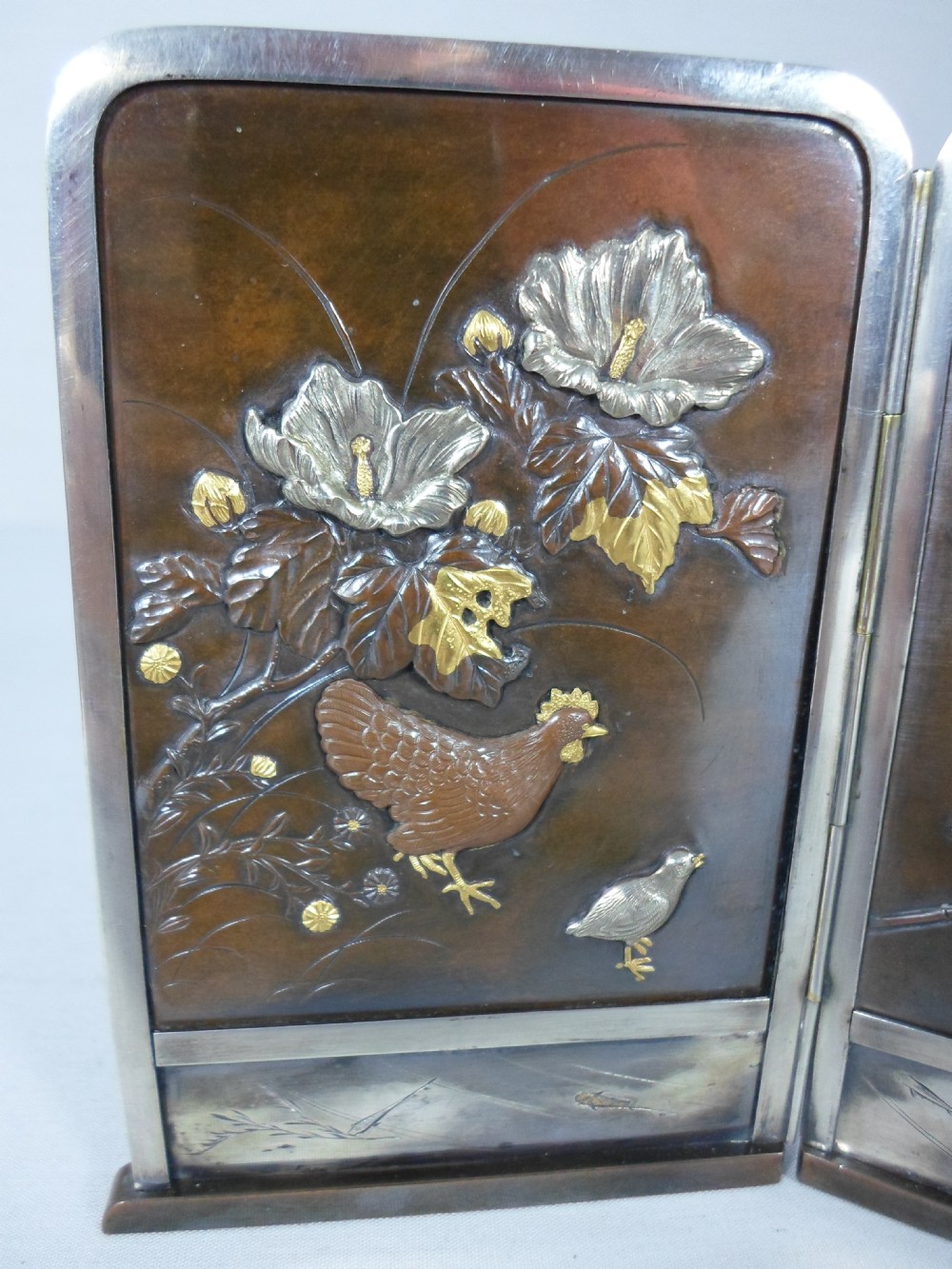 FINE JAPANESE BRONZE MIXED METAL ONLAID TABLE SCREEN View III