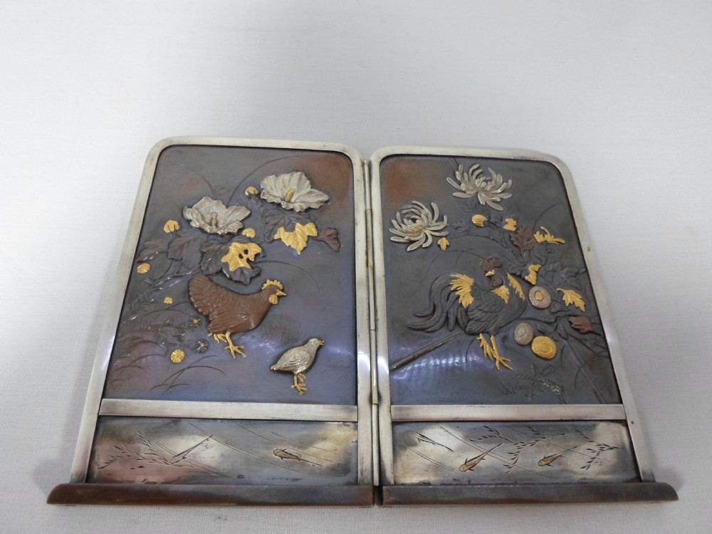 FINE JAPANESE BRONZE MIXED METAL ONLAID TABLE SCREEN View IV