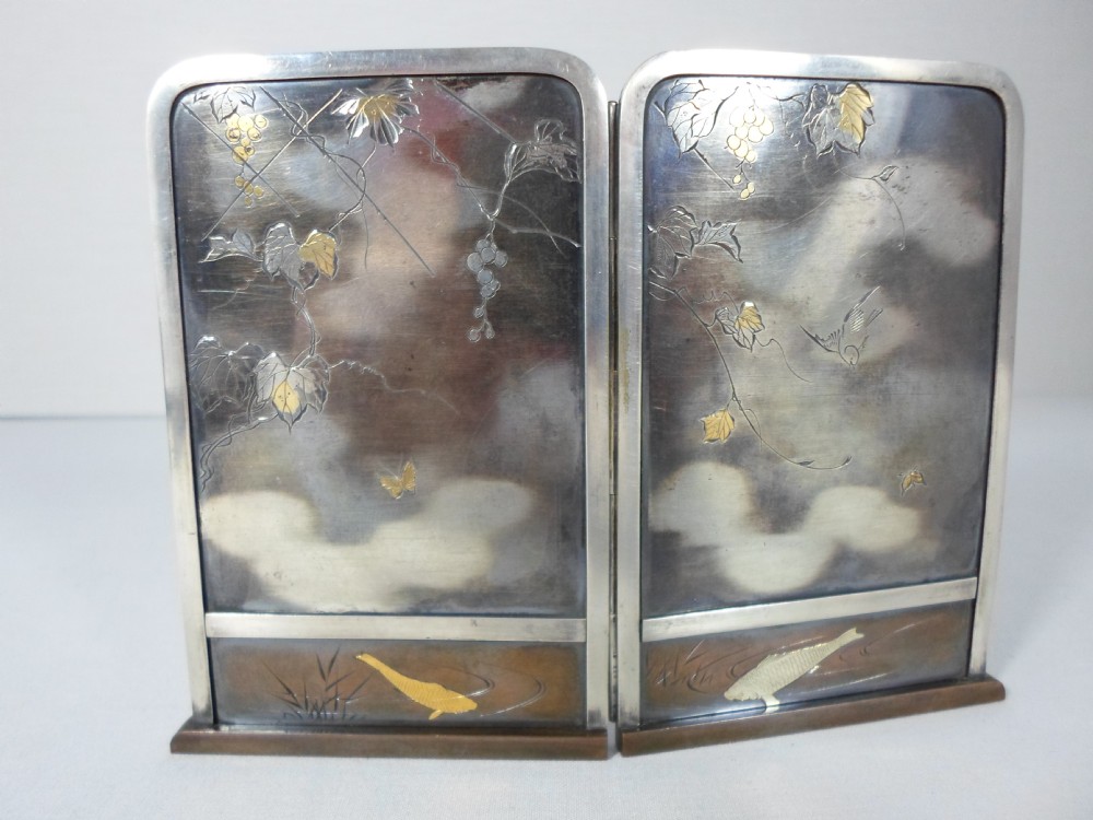 FINE JAPANESE BRONZE MIXED METAL ONLAID TABLE SCREEN View VI