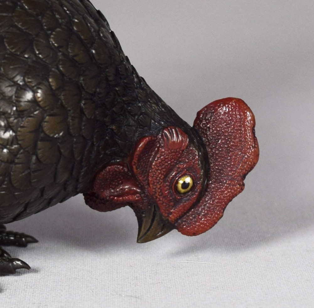 HEAVY QUALITY JAPANESE BRONZE OKIMONO OF A COCKEREL  View V