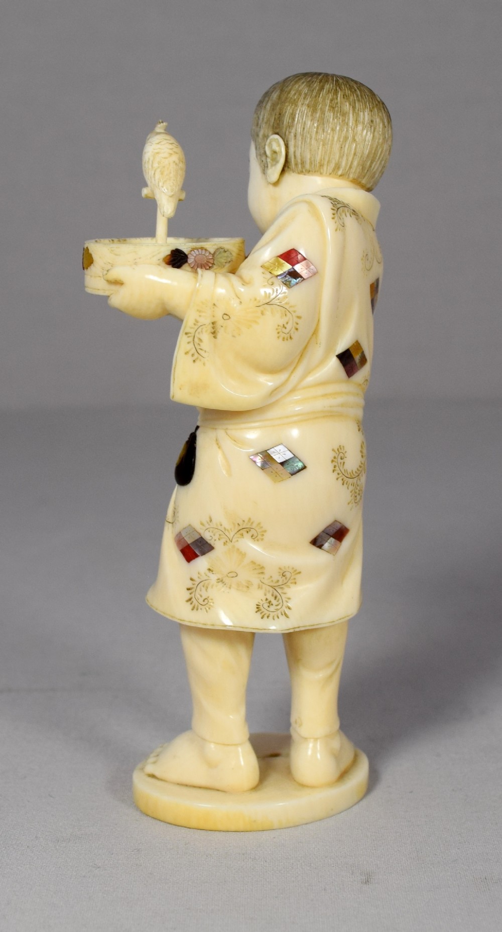CHARMING JAPANESE IVORY SHIBAYAMA OKIMONO BOY WITH COCKATEIL View III