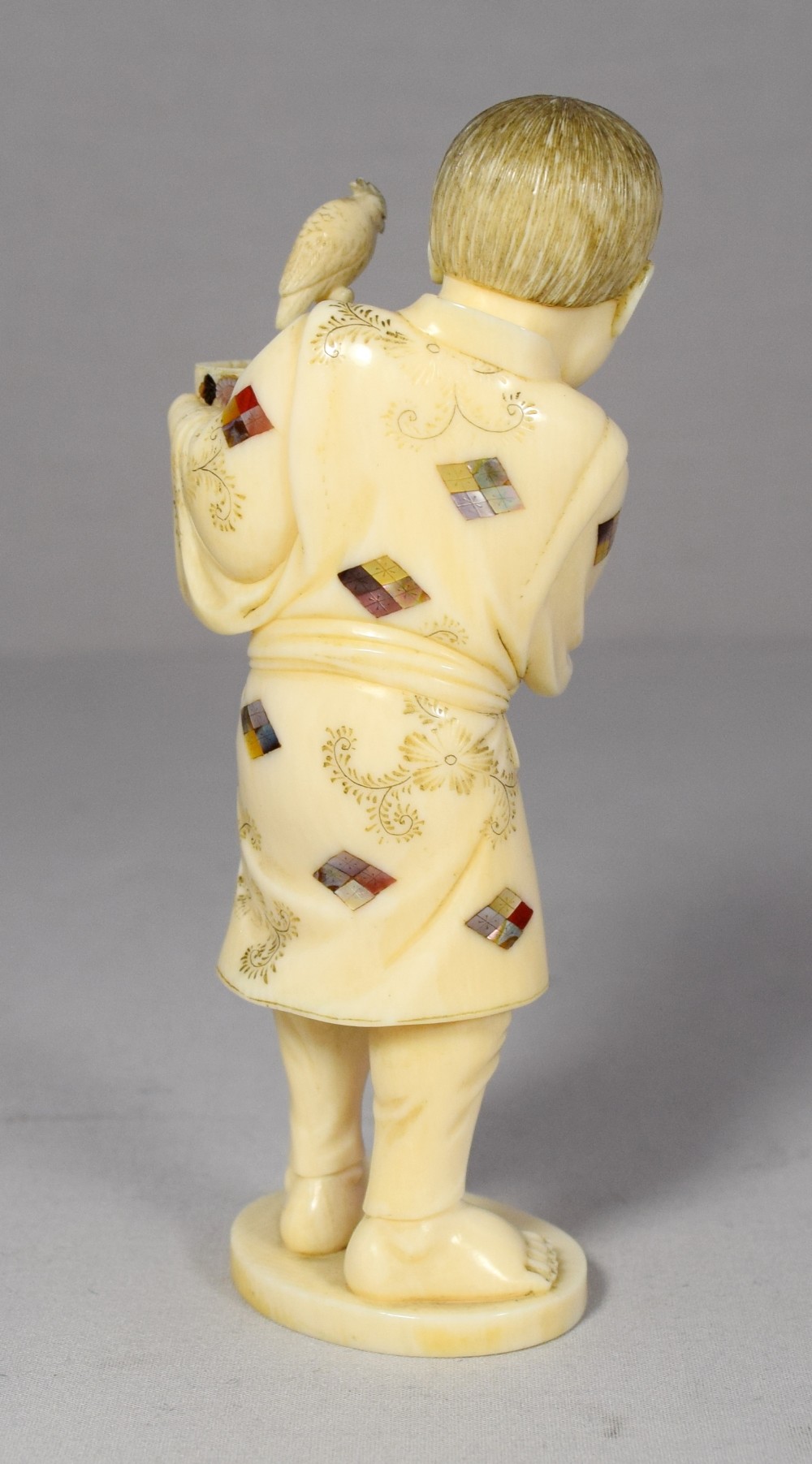 CHARMING JAPANESE IVORY SHIBAYAMA OKIMONO BOY WITH COCKATEIL View IV