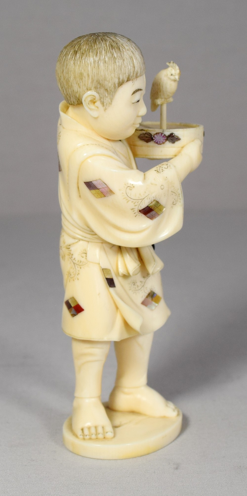 CHARMING JAPANESE IVORY SHIBAYAMA OKIMONO BOY WITH COCKATEIL View V