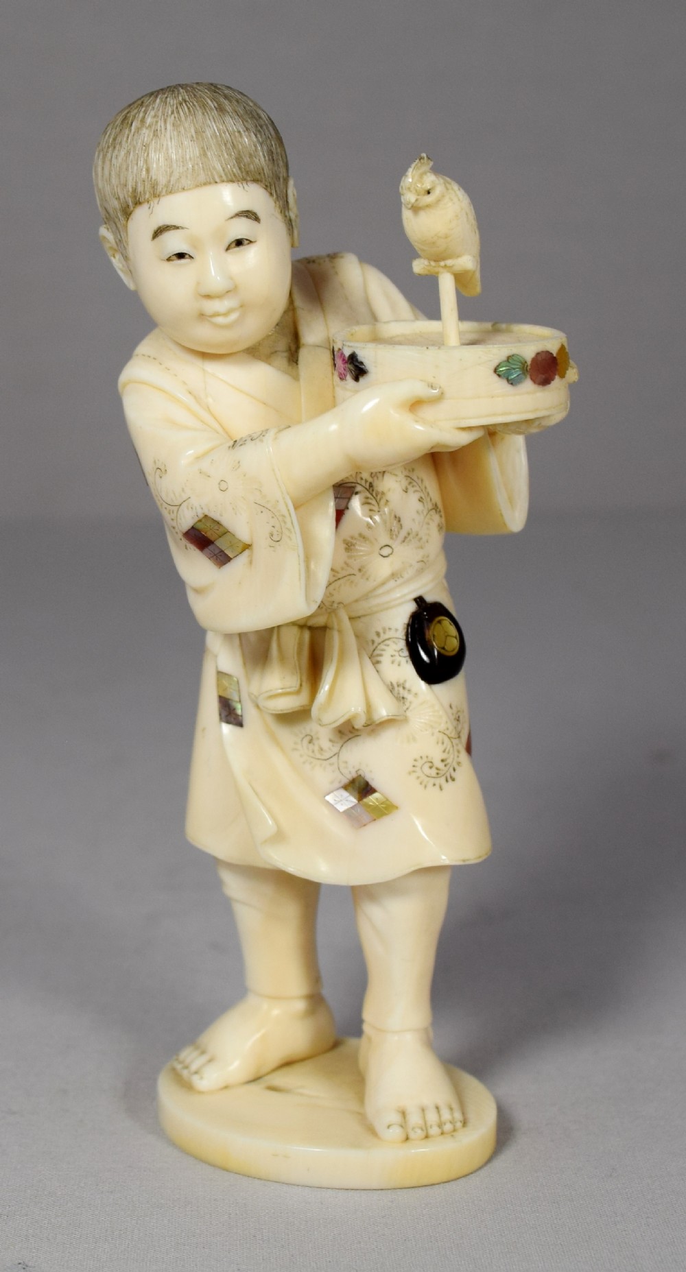 CHARMING JAPANESE IVORY SHIBAYAMA OKIMONO BOY WITH COCKATEIL View VI