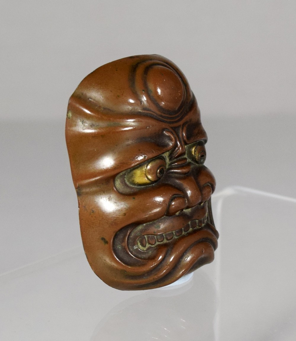 JAPANESE MINIATURE BRONZE NOH MASK MEIJI PERIOD View III