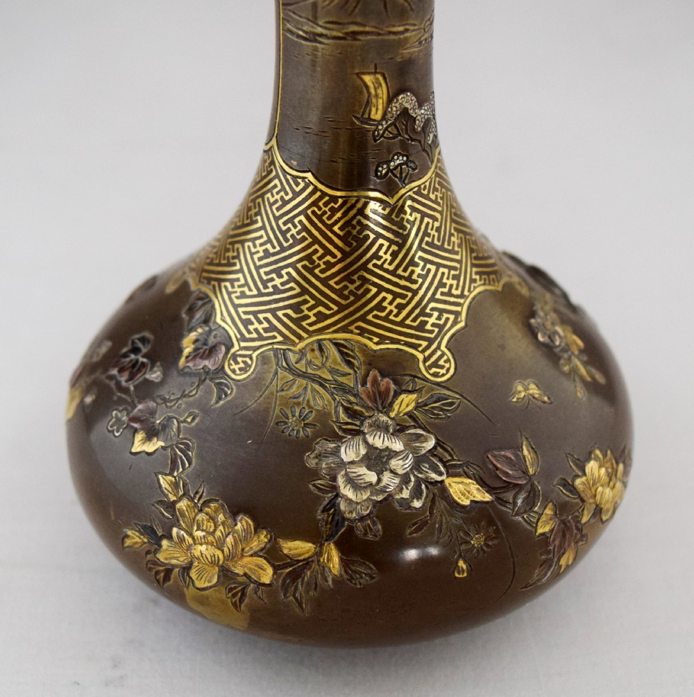 GOOD QUALITY PAIR OF JAPANESE MIXED METAL DAMASCENED VASES View III