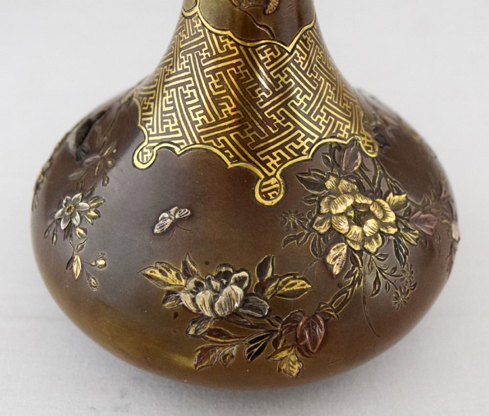 GOOD QUALITY PAIR OF JAPANESE MIXED METAL DAMASCENED VASES View IX