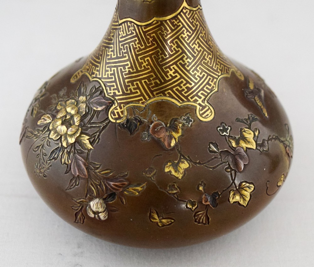 GOOD QUALITY PAIR OF JAPANESE MIXED METAL DAMASCENED VASES View X