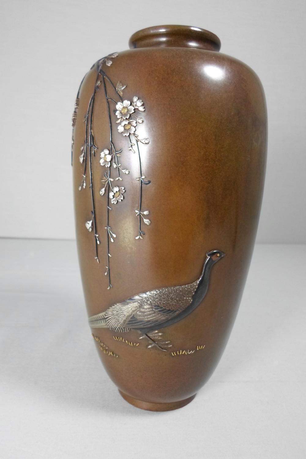 A GOOD QUALITY MIXED METAL PHEASANT VASE BY NOGAWA View V
