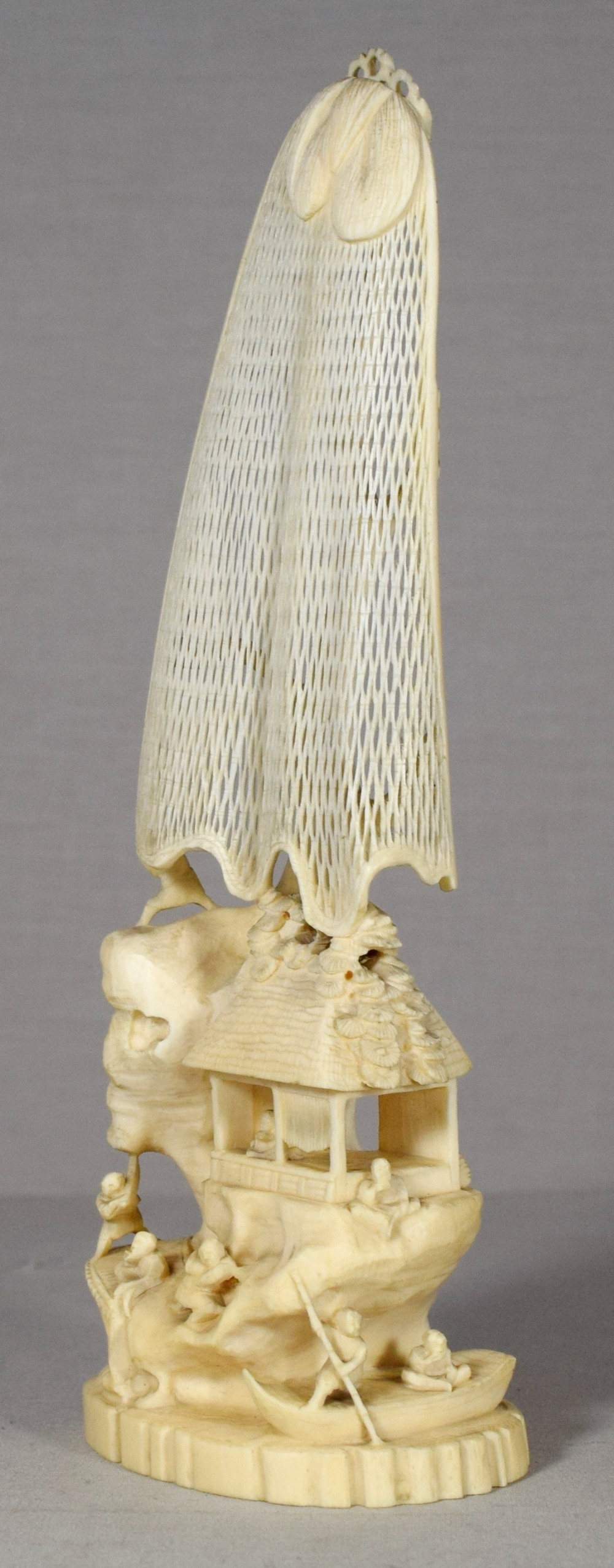 JAPANESE ONE PIECE IVORY OKIMONO FISHERMAN DRYING NETS View II